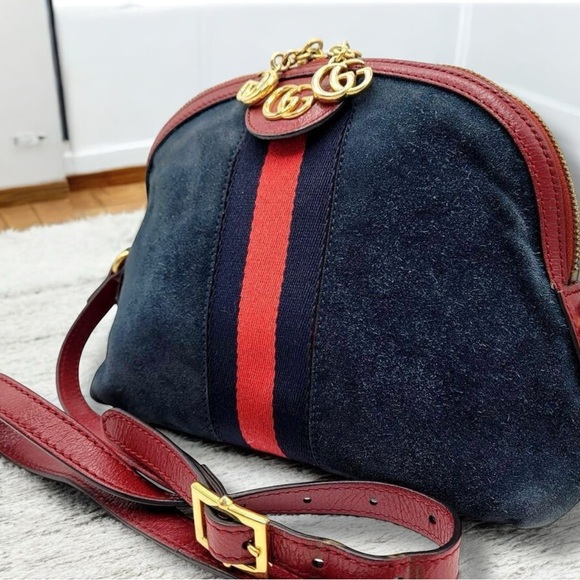GUCCI Ophidia Sherry Line Shoulder Bag Suede  Navy and Red Mini Bag RARE - Picture 2 of 10